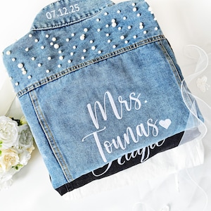 Jeansjack Mrs Pearl, gepersonaliseerde parelcowboyjas voor dames, aangepast bruidscowboyjack, aangepast parel bruidsjack, bruidscadeau
