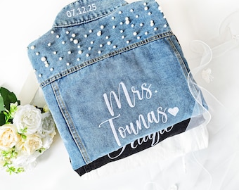 Frau Pearl Jeansjacke, personalisierte Pearl Damen Cowboyjacke, maßgeschneiderte Brautcowboyjacke, maßgeschneiderte Perlenbrautjacke, Brautgeschenk