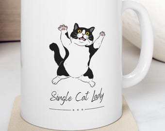 Taza de cerámica con la frase "Soltera Cat Lady", un regalo divertido para amantes de los gatos (325 ml)