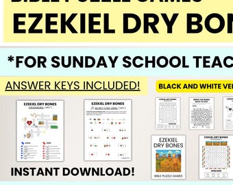May include: A collection of printable Bible puzzle games for Sunday school teachers. The games include crossword puzzles, secret code verses, mazes, and more, all themed around Ezekiel Dry Bones. Answer keys are included, and a black and white version is available. Ages 5-10.