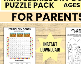May include: A printable mini puzzle pack for ages 5-10, featuring a word search and a coloring page with the text "Ezekiel Dry Bones." The pack includes the text "For Parents!" and "Instant Download!" on a light wood grain background.