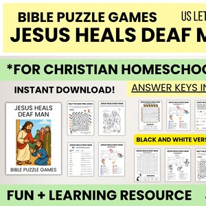 May include: A collection of Bible puzzle games for Christian homeschoolers. The title "JESUS HEALS DEAF MAN" is displayed in large, bold letters. Includes mazes, word searches, and answer keys. Suitable for ages 5-10. Available as an instant download.