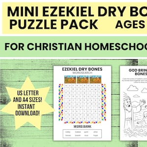 May include: A printable mini Ezekiel Dry Bones puzzle pack for ages 5-10. Includes a word search and a coloring page. The pack is designed for Christian homeschoolers and is available in US Letter and A4 sizes. Instant download.