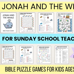 Jonah and the Whale Bible Class Puzzle Pack - Sunday School Printable Games - Maze, Word Search, Crossword, and Secret Code Verse