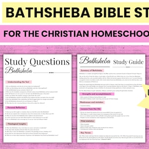 May include: A Bible study guide titled "Bathsheba" with study questions and a study guide. The text is in black on a white background. The image also includes the text "US LETTER AND A4 SIZES!" in a yellow starburst.