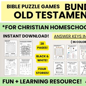 May include: A collection of Bible puzzle games for children aged 5-10, focusing on the Old Testament. Contains 28 pages with four stories, available for instant download. Puzzles are in black and white, with colour answer keys.