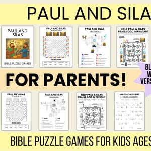 Könnte beinhalten: Eine Sammlung von Bibel-Puzzlespielen für Kinder im Alter von 5-10 Jahren, mit dem Thema Paul und Silas. Das Bild zeigt Wortsuchrätsel, Labyrinthe und Kreuzworträtsel, mit einer Schwarz-Weiß-Version. Der Text auf dem Bild lautet "Für Eltern!"