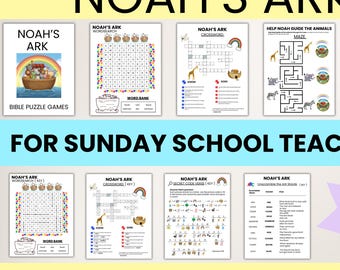 Noah's Ark Bible Puzzle Games Printable - Sunday School Activities for Kids Ages 5-10 - Christian Bible Lesson Resources for Church