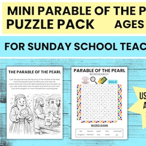 May include: A puzzle pack for Sunday school teachers featuring the Parable of the Pearl. Includes a coloring page and a word search, with US Letter and A4 sizes. The text reads "MINI PARABLE OF THE PEARL PUZZLE PACK AGES 5-10!"