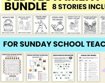 Sunday School Bible Activity Bundle - Old Testament Puzzle Worksheets - 8 Stories, Word Games, Mazes, Coloring, and Answer Keys