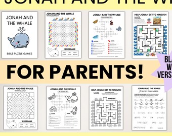 Jonah and the Whale Puzzle Game Pack for Kids - Bible Story Activities for Parents - Word Search, Maze, Crossword, and Secret Code