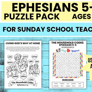 Op de afbeelding: Een puzzelpack voor zondagsschoolleraren, met de tekst "Efeziërs 5-6" en "Leeftijd 5-10!". Bevat werkbladen met illustraties en woordzoekers. Beschikbaar in US Letter- en A4-formaten. Het pakket is ontworpen voor kinderen.