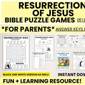 Könnte beinhalten: Druckbare Bibel-Puzzle-Spiele für Kinder im Alter von 5-10 Jahren, mit Wortsuchrätseln, Kreuzworträtseln und Illustrationen zur Auferstehung Jesu. Enthält Lösungsschlüssel. Text: "RESURRECTION OF JESUS BIBLE PUZZLE GAMES".