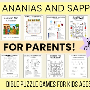 Puede incluir: Un conjunto de juegos de rompecabezas bíblicos para niños de 5 a 10 años, con búsquedas de palabras, crucigramas, laberintos y acertijos de código secreto. El título "Ananías y Safira" se muestra en la parte superior. Incluye una versión en blanco y negro.