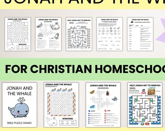 Jonah and the Whale Homeschool Puzzle Pack - Christian Learning Games for Kids - Word Search, Maze, Crossword, and Secret Code