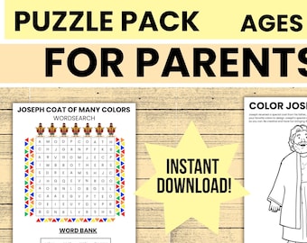 May include: A printable "Mini Joseph Coat of Many Colors" puzzle pack for children aged 5-10. The pack includes a word search and a colouring page of Joseph's coat. The text "For Parents!" and "Instant Download!" are also visible.