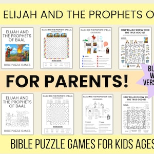 May include: A selection of Bible puzzle games for children aged 5-10, themed around "Elijah and the Prophets of Baal." The pack includes word searches, mazes, crosswords, and code-breaking puzzles. A black and white version is also available.