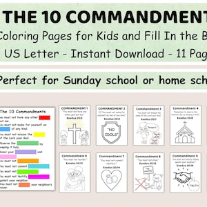 May include: Black and white coloring pages for kids featuring the 10 Commandments. Each page includes a commandment, a bible verse, and an illustration to color. The illustrations include a cross, a no idols sign, a church, a family, a heart, a teddy bear, a handshake, and a box of toys.