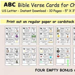 Cartões com versículos bíblicos do alfabeto para crianças, download para impressão, ensino cristão, aprendizado das escrituras, flashcards bíblicos para crianças, alfabeto da Bíblia