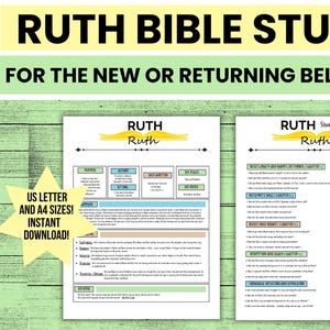 May include: Two printable Bible study pages with the title "RUTH" in large, bold text. The pages include study questions and notes, with the text "FOR THE NEW OR RETURNING BELIEVER!" above the pages. The image also includes the text "US LETTER AND A4 SIZES! INSTANT DOWNLOAD!"