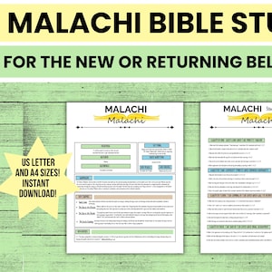 May include: Two printable Bible study guides for the book of Malachi. The guides are on white paper with black text and colorful accents. The top banner reads "MALACHI BIBLE STUDY" and "FOR THE NEW OR RETURNING BELIEVER!" A yellow starburst graphic indicates US Letter and A4 sizes.