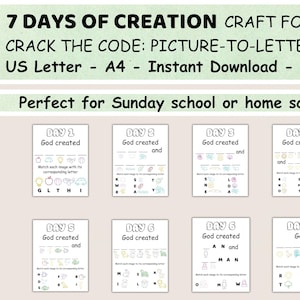 May include: A printable worksheet set for kids to learn about the 7 days of creation. Each page features a different day of creation with a corresponding image and letter matching activity. The worksheet set is perfect for Sunday school or home school.