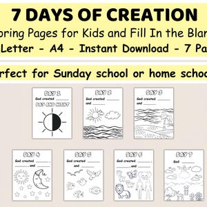 Páginas para colorear imprimibles y rellenar los espacios en blanco de los 7 días de la Creación para la escuela dominical y actividades de educación en casa, manualidad bíblica cristiana para niños