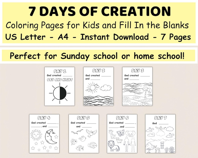 7 Days of Creation Printable Coloring Pages & Fill-in-the-blanks for ...