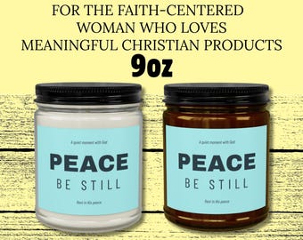 Candle Gift for Women - Peace Be Still Christian Candle with Black Lid - Modern Candle Decor - Clear and Amber Glass, 4oz and 9oz