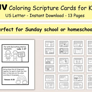 May include: KJV Coloring Scripture Cards for Kids, US Letter size, instant download. The cards feature black and white illustrations and Bible verses. Includes 13 pages of coloring cards, perfect for Sunday school or homeschool.