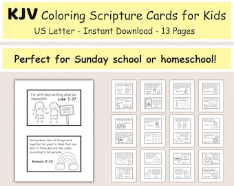 Cartões de colorir com versículos da Bíblia para crianças, cartões de escrituras KJV para escola dominical e educação domiciliar, cartões de atividades cristãs, versículos da Bíblia para crianças