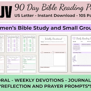 May include: A 90-day Bible reading plan with the text "KJV" in black. The plan includes pages for weekly devotionals and daily reading, with floral accents. The text "Women's Bible Study and Small Groups!" is also visible.