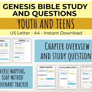 May include: A digital download for a Genesis Bible study for youth and teens. The image features the text "Genesis Bible Study and Questions" and "Youth and Teens". Includes study guides, verse mapping, and a covenant tracker.