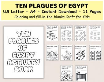 Puede incluir: Un libro para colorear en blanco y negro con el título "Diez plagas de Egipto - Libro de actividades". El libro incluye 10 páginas con ilustraciones de las plagas de Egipto, como ranas, moscas y granizo.