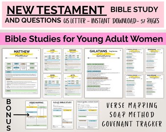 May include: A collection of printable Bible study pages for young adults. The pages include study questions, verse mapping, and a covenant tracker. The title "New Testament Bible Study" is at the top, with the text "US Letter - Instant Download - 57 Pages".