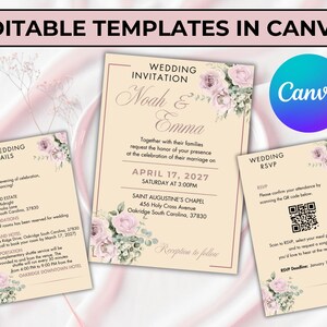 Lot de faire-part de mariage fleuri champagne blush avec code QR RSVP, ensemble de mariage romantique printemps-été jardin, faire-part de mariage en plein air