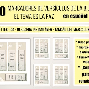 Op de afbeelding: Een set van 20 Bijbelvers bladwijzers met het thema vrede, in het Spaans. De bladwijzers zijn rechthoekig met tekst en duif illustraties. De tekst op de bladwijzers is in het Spaans. De afbeelding bevat ook tekst over de grootte en afdrukdetails.