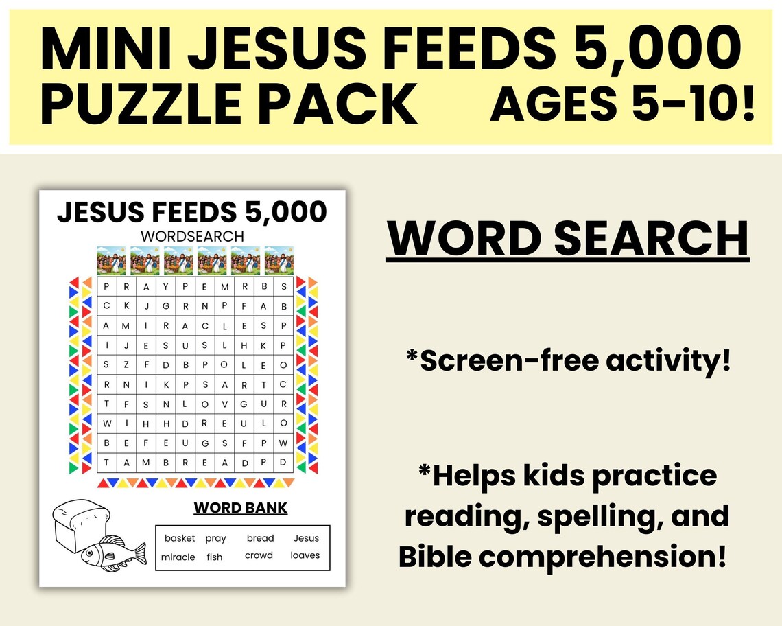 Jesus Feeds 5000 Kids Bible Activity - Christian Word Search & Coloring ...