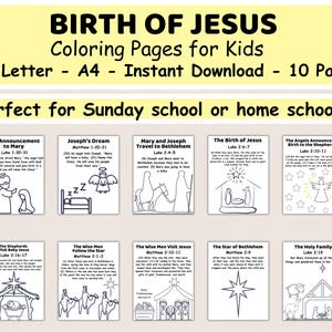 Birth of Jesus Christmas Story Coloring Pages - Christian Kids Art, Bible Printable, Sunday School, Homeschool Activities, Nativity Coloring