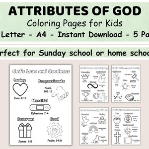 Puede incluir: Páginas para colorear en blanco y negro para niños que presentan atributos de Dios, como el amor, la bondad, el poder, la majestad, la santidad y la sabiduría. Cada página incluye un versículo bíblico y una ilustración simple para colorear.