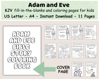 Può includere: Un libro da colorare in bianco e nero con il titolo "Adam and Eve Bible Story Coloring Book". La copertina presenta una freccia verde che punta alla pagina di copertina, che mostra un'illustrazione in bianco e nero di Adamo ed Eva.