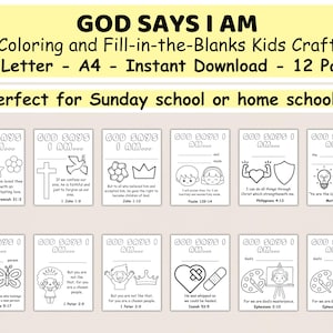 Gott sagt, ich bin das Färben von Handwerk für Kinder - Füllen Sie die Lücken in der Bibel für Sonntagsschule und Heimschule - Christian Printable, Kids Craft
