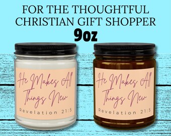 Christian Gifts for Women - He Makes All Things New Candle - Revelation 21:5 Bible Verse Gift - Inspirational Religious Candle, 4oz and 9oz