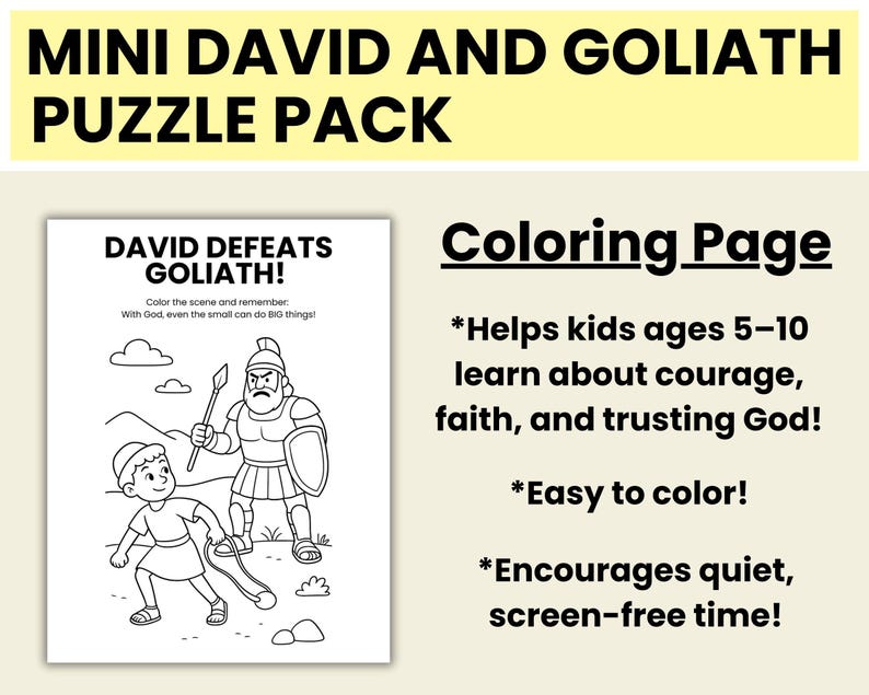 David and Goliath Bible Activity for Kids Ages 5-10 - Christian Puzzle ...