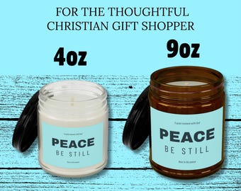 Christian Gift for Her - Peace Be Still Candle with Black Lid - Faith Gift for Women - Encouragement Gift - Clear and Amber Glass, 4oz & 9oz