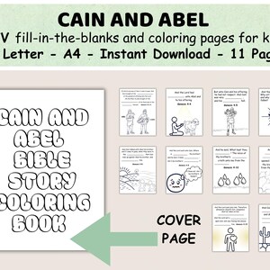 May include: Black and white coloring book cover with the title "Cain and Abel Bible Story Coloring Book" in large, bold letters. The cover page is a single page with a green arrow pointing to the right. The text "Cover Page" is below the arrow.