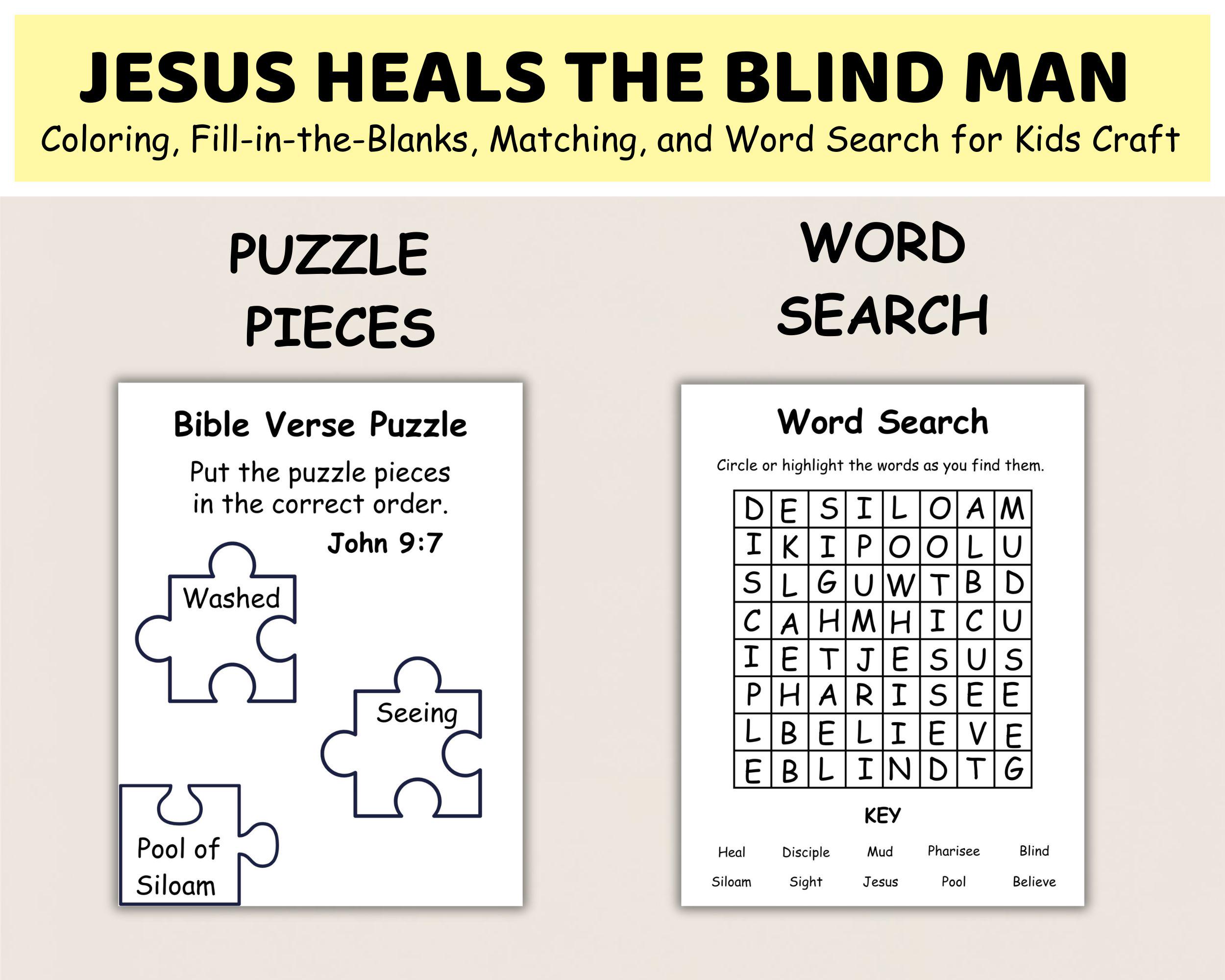 Jesus Heals the Blind Man Craft - KJV Bible Story Coloring, Fill in the Blanks, Word Search, and ...