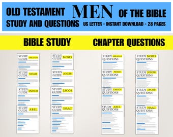 May include: A digital download titled "Old Testament Men of the Bible Study and Questions." The image features study guides and chapter questions for various biblical figures, including Abraham, Moses, Noah, Joseph, Enoch, Jacob, Abel, and Isaac. The text is in black and blue.