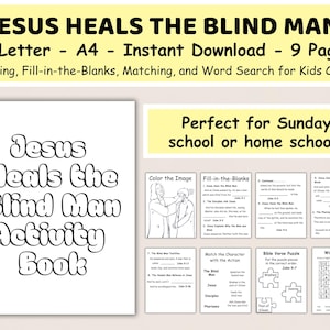 Jesus helar den blinde mannen - KJV Bibelberättelsemålarbok, fyll i luckorna, ordsökning och pussel för söndagsskola och hemskola