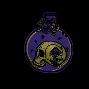mushroom skull in the bottle patch, gothic patch, iron on patch, embroidered patch, funny patch, aesthetic patch, gorgeous patch, applique